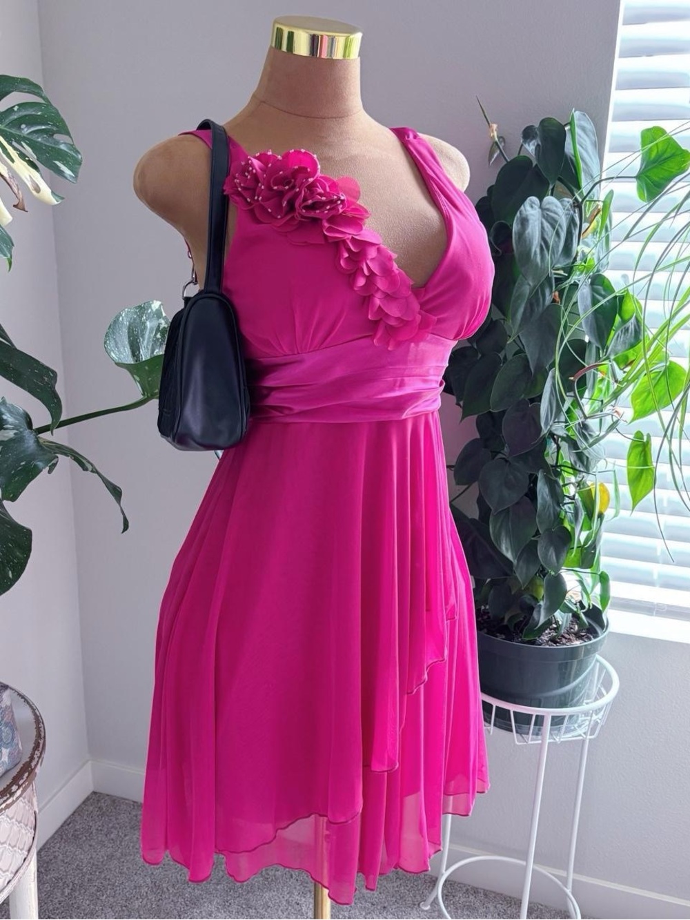 Y2K Neon Pink Floral Appliqué Chiffon Babydoll Dress L